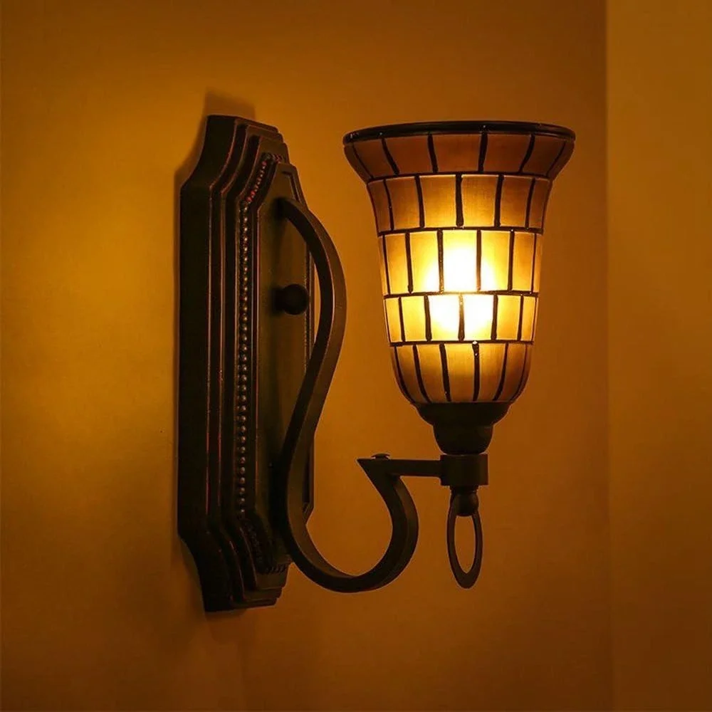 Vintage Mosaic Glass Wall Sconce Amber Shade Bronze Scroll Light Tested Working